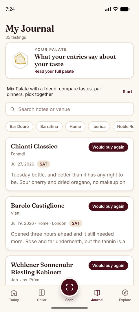 Sommo personal wine journal entries list on Android