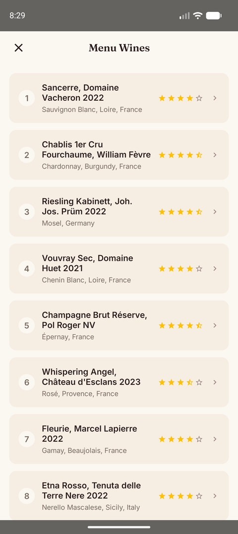 Sommo AI-scored restaurant wine list on Android