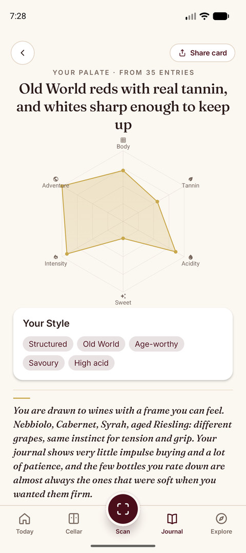 Sommo Your palate page with the six-axis Taste DNA radar on Android