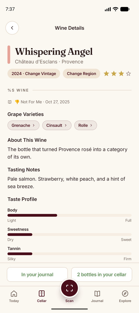 Sommo wine details after a label scan, with tasting notes and pairings on Android