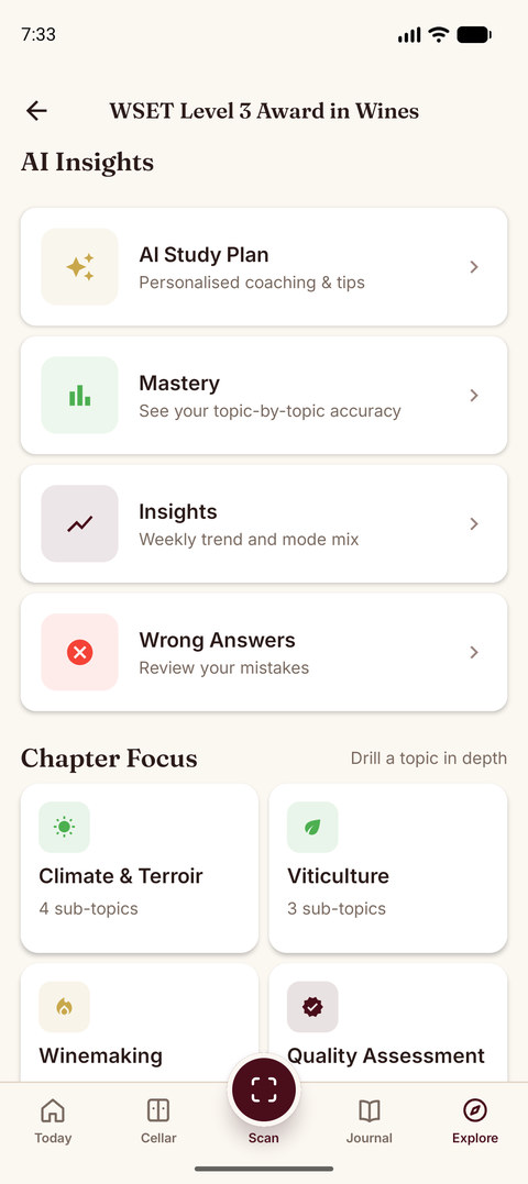 Sommo WSET study insights with streak and accuracy trend on Android
