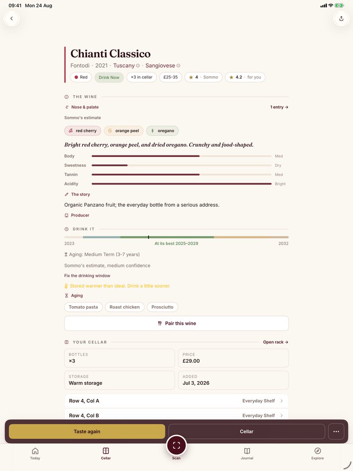 Sommo wine detail showing practical aroma descriptors on iPad
