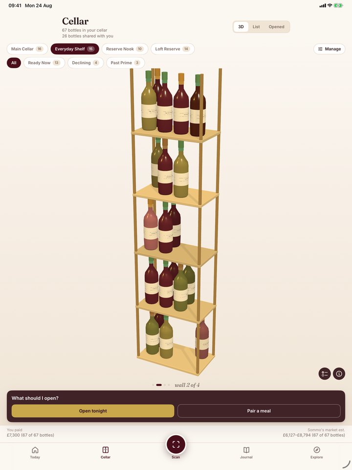 Sommo cellar with bottles stored upright in a second rack layout on iPad
