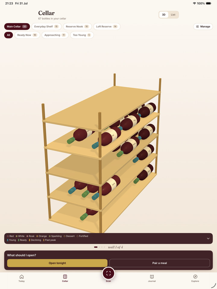Sommo 3D cellar wall with bottles in depth lanes on iPad