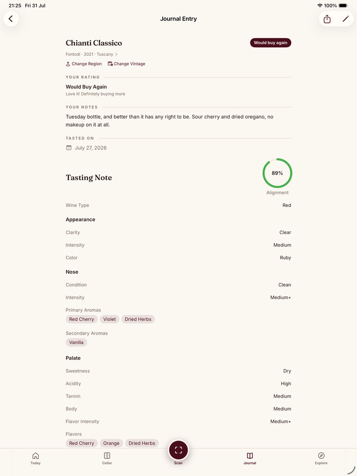 Sommo journal entry with SAT tasting notes on iPad