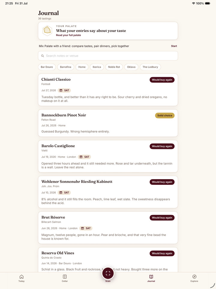 Sommo personal wine journal entries list on iPad