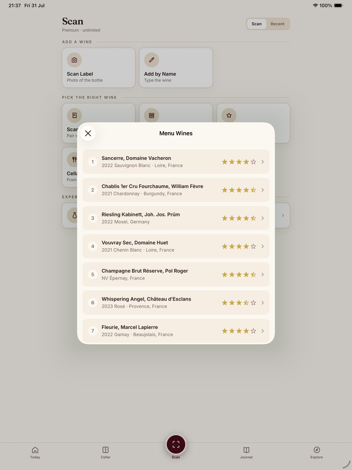 Sommo AI-scored restaurant wine list on iPad