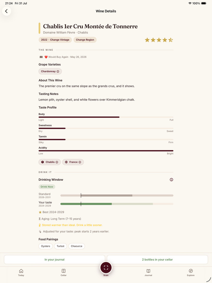 Sommo wine details after a label scan, with tasting notes and pairings on iPad