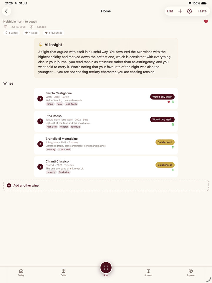 Sommo tasting session AI insight with per-wine reviews on iPad