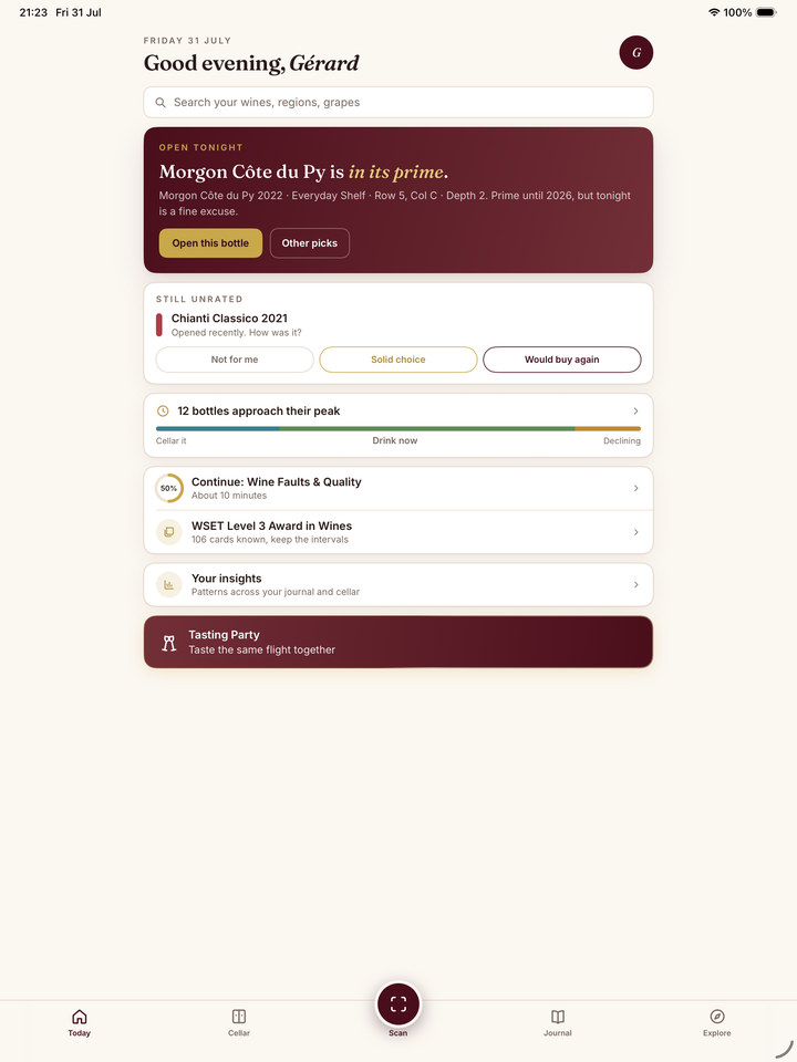 Sommo Today tab with the open-tonight hero and drinking-window card on iPad