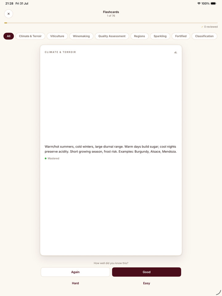 Sommo WSET exam prep drill on iPad