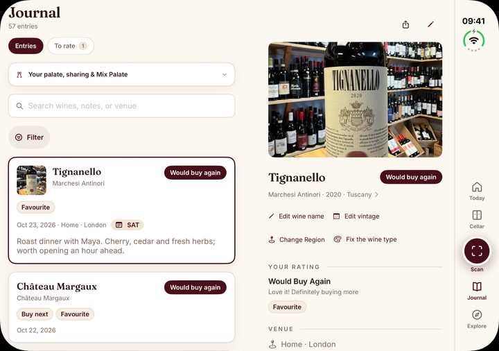 Unfolded: tasting journal entries on the left, the selected Tignanello entry with rating and venue on the right