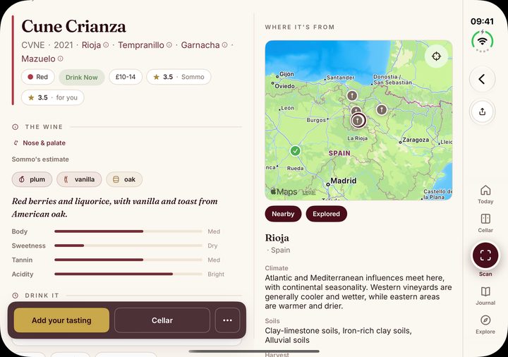 Unfolded: Cune Crianza details and aroma estimate on the left, a map of Rioja with its climate and soils on the right