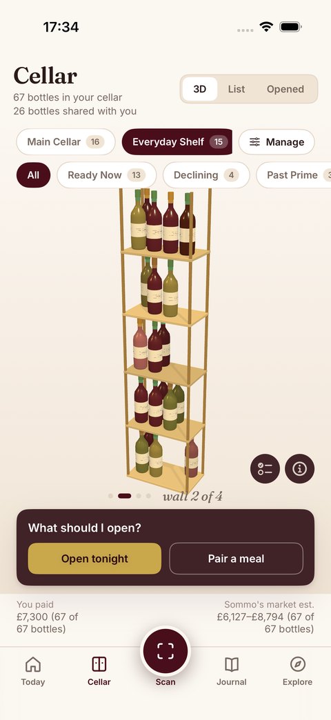 Sommo cellar with bottles stored upright in a second rack layout on iPhone