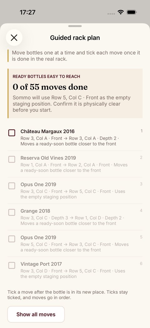 Sommo guided rack reorganisation checklist on iPhone