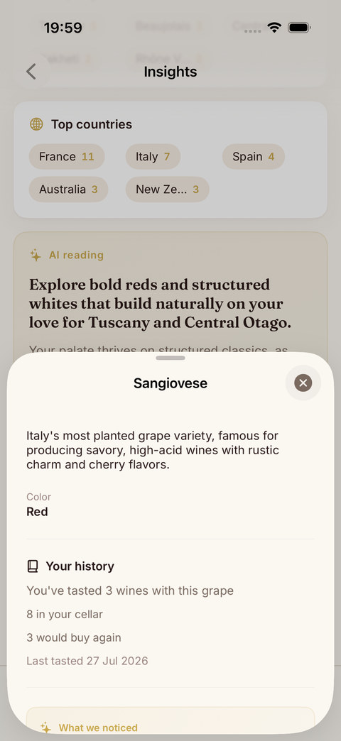 Sommo grape info sheet with history stats and AI overview on iPhone