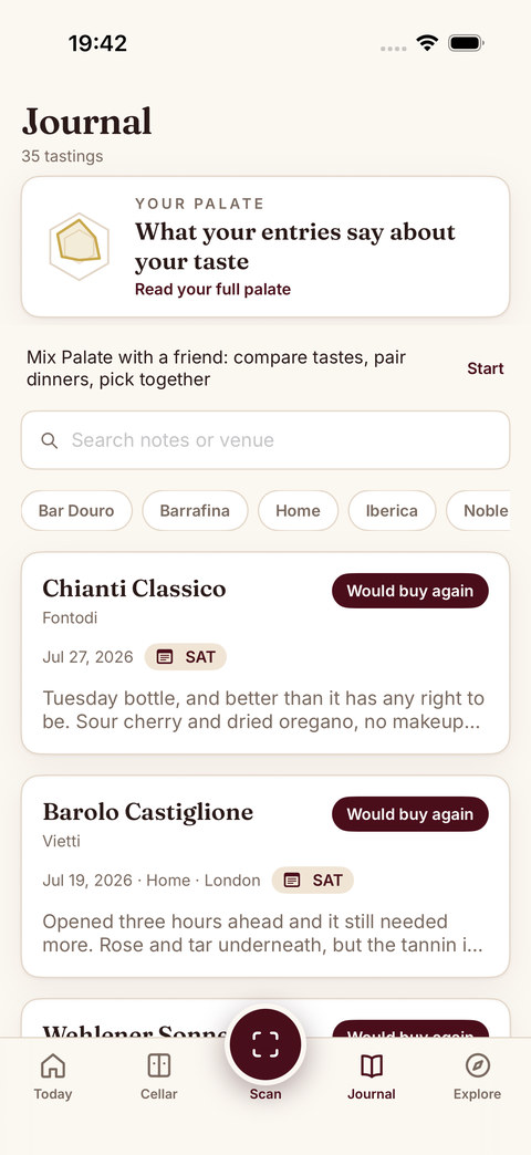 Sommo personal wine journal entries list on iPhone