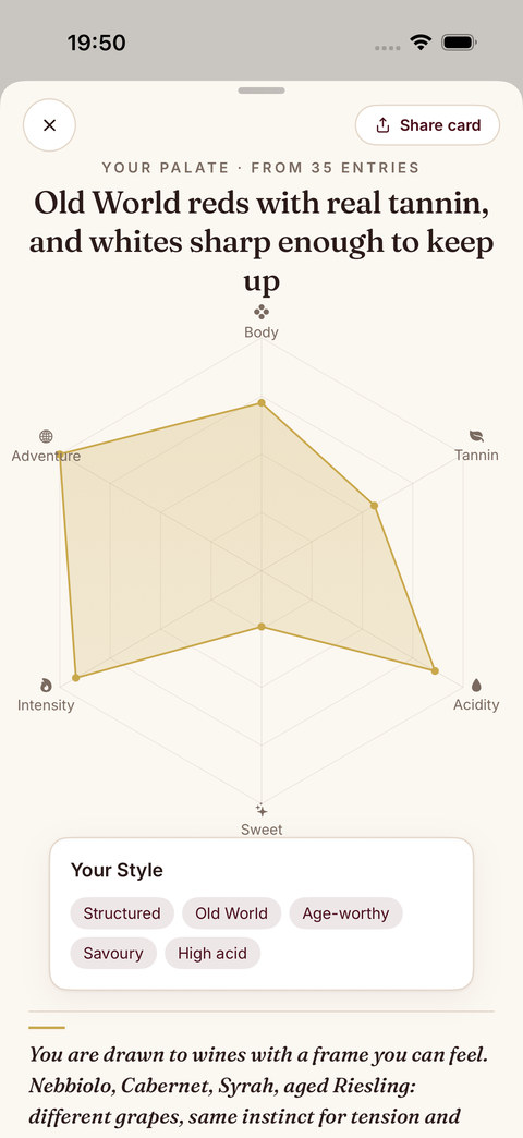Sommo Your palate page with the six-axis Taste DNA radar on iPhone