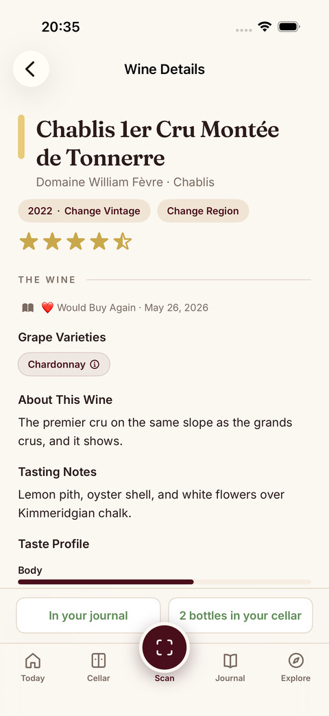 Sommo wine details after a label scan, with tasting notes and pairings on iPhone