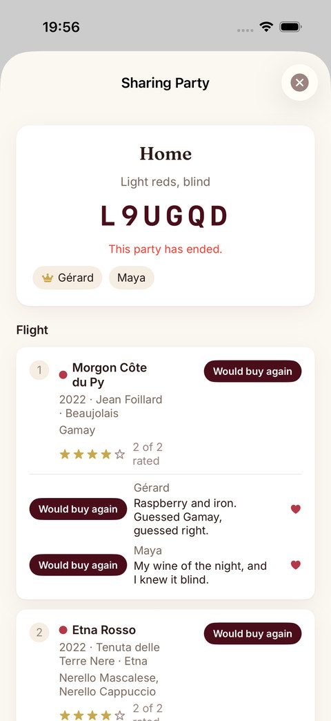 Sommo Sharing Party with guests rating a flight on iPhone
