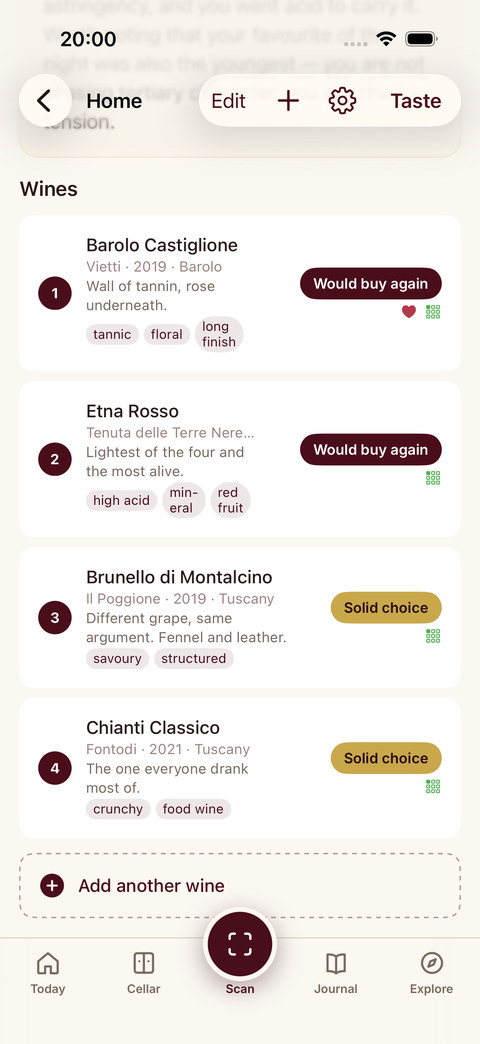 Sommo tasting session AI insight with per-wine reviews on iPhone