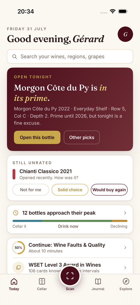 Sommo Today tab with the open-tonight hero and drinking-window card on iPhone