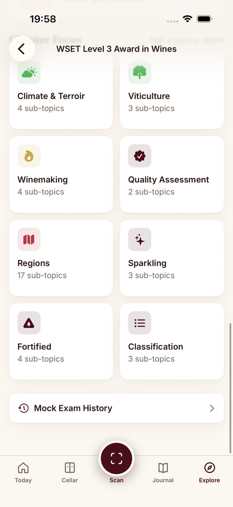 Sommo WSET study insights with streak and accuracy trend on iPhone