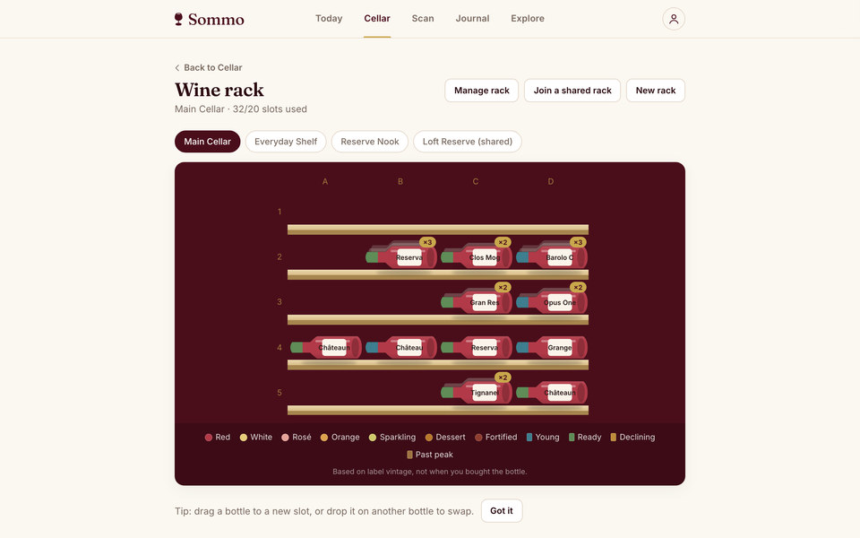 The Sommo wine wall in a desktop browser