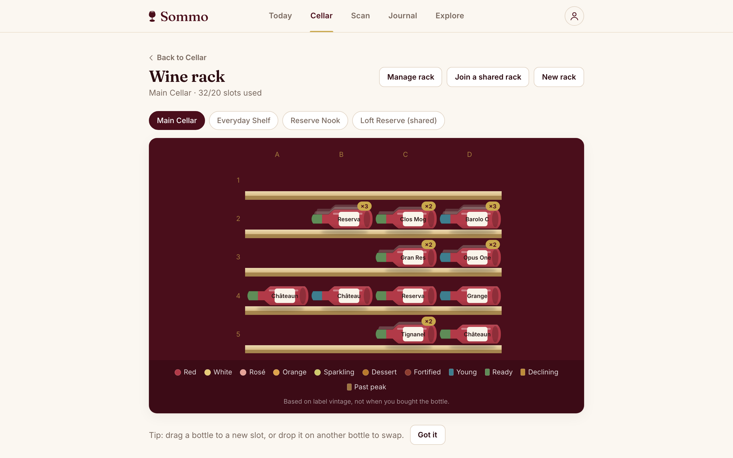 The Sommo wine wall in a desktop browser