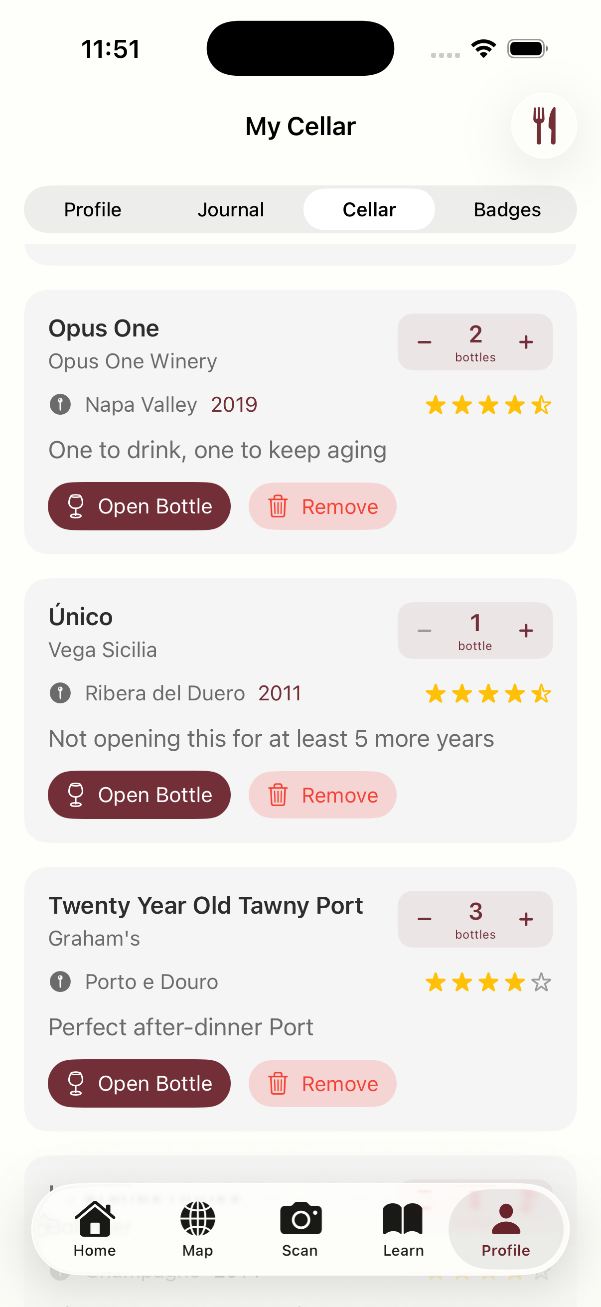 Wine cellar showing tracked bottles with AI food pairing