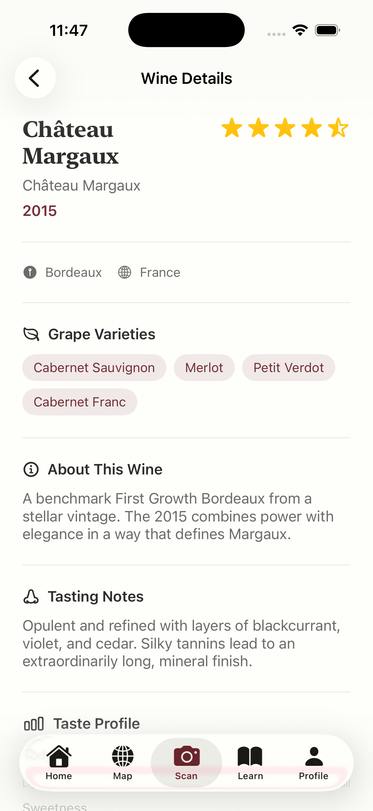 Wine details screen showing tasting notes and food pairings