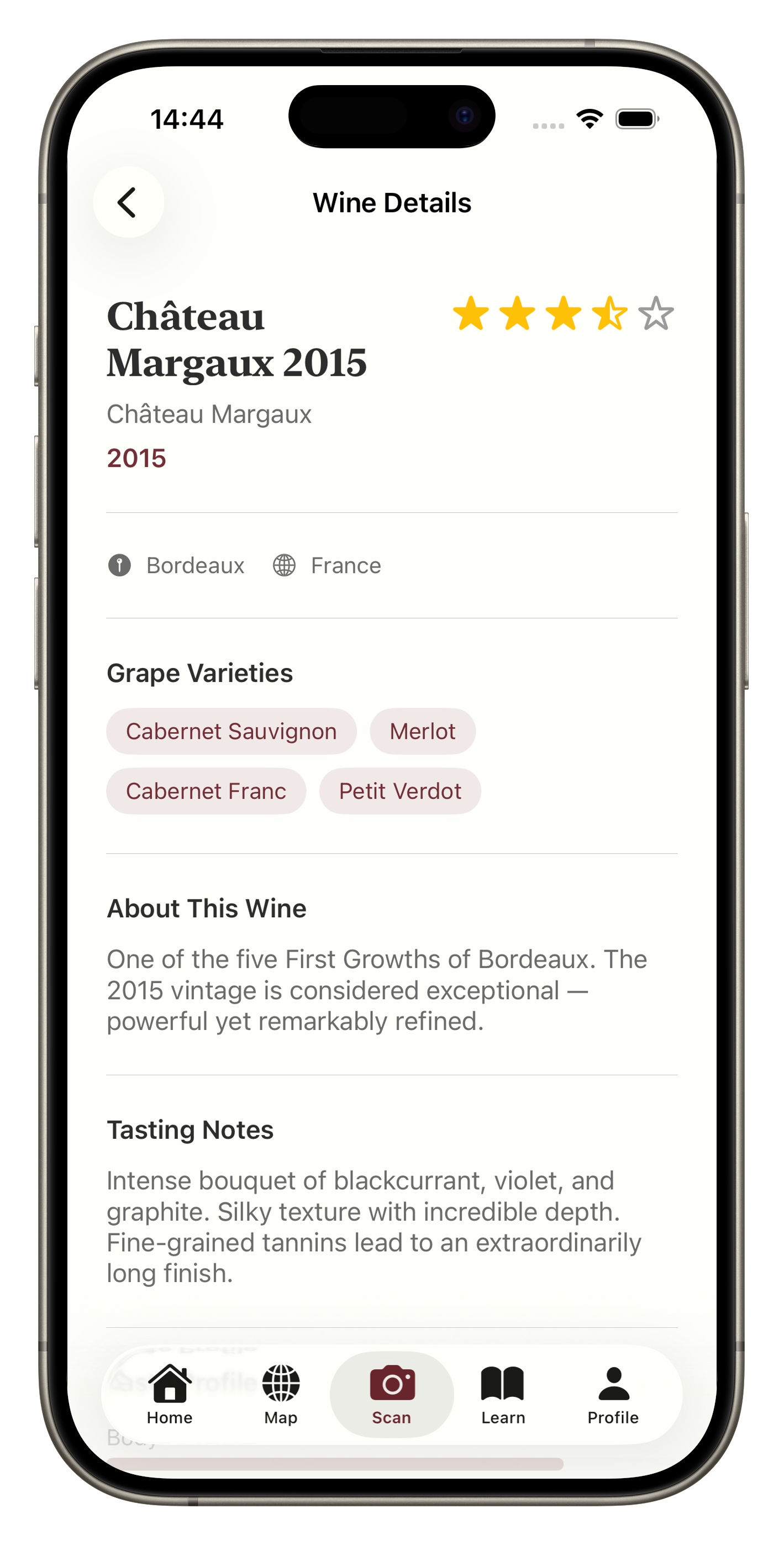 Wine details screen showing tasting notes and food pairings