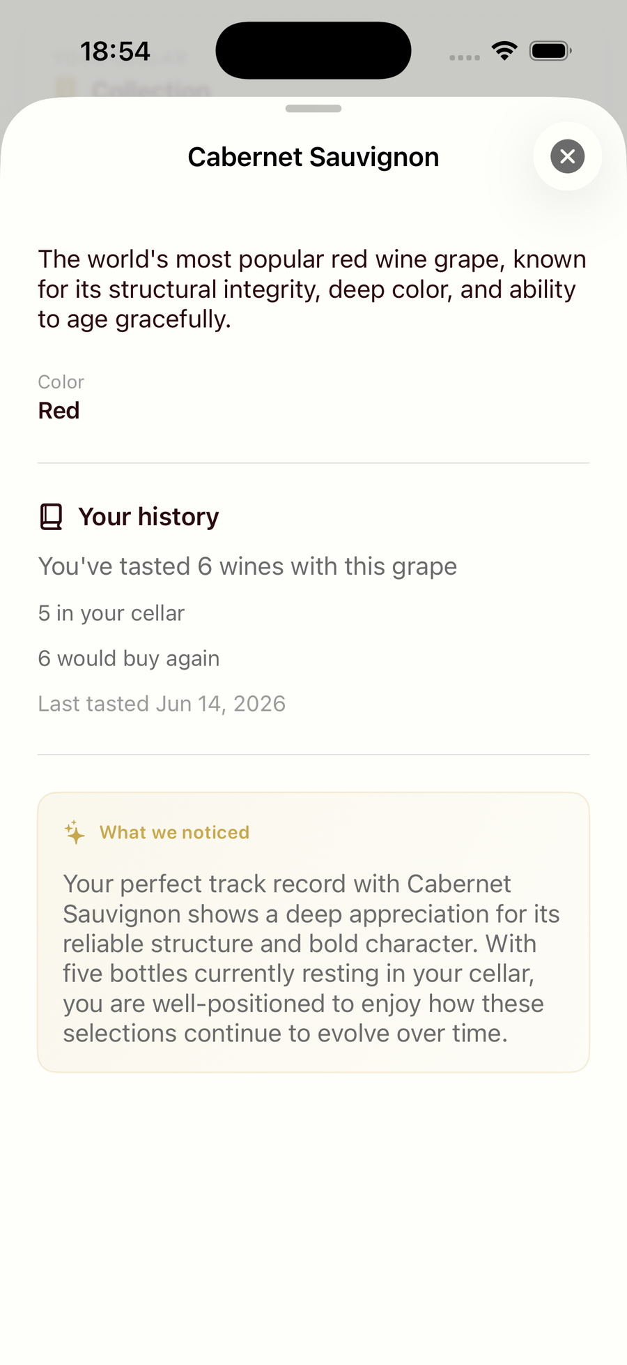 Sommo grape info sheet showing history stats and a What we noticed AI card