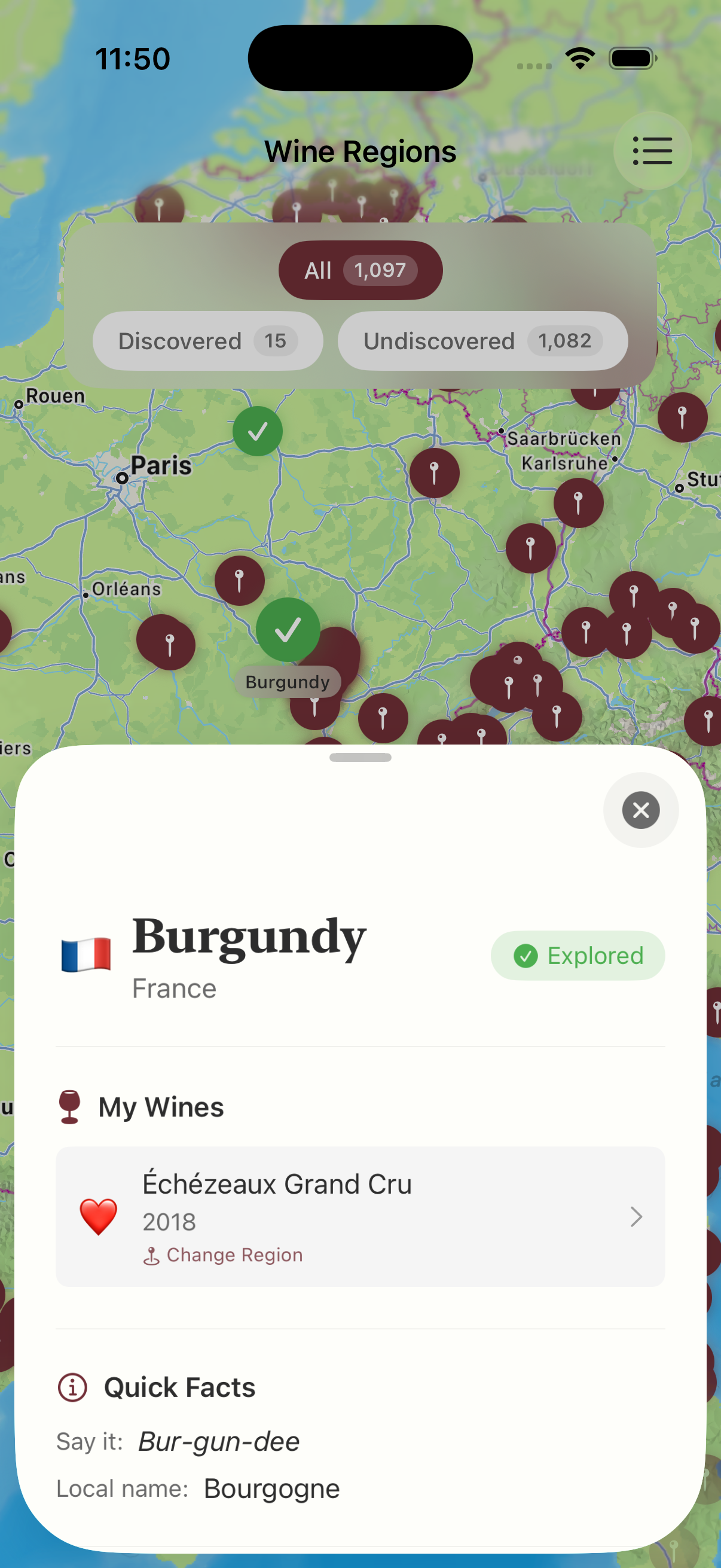 Interactive wine regions map with explored regions highlighted
