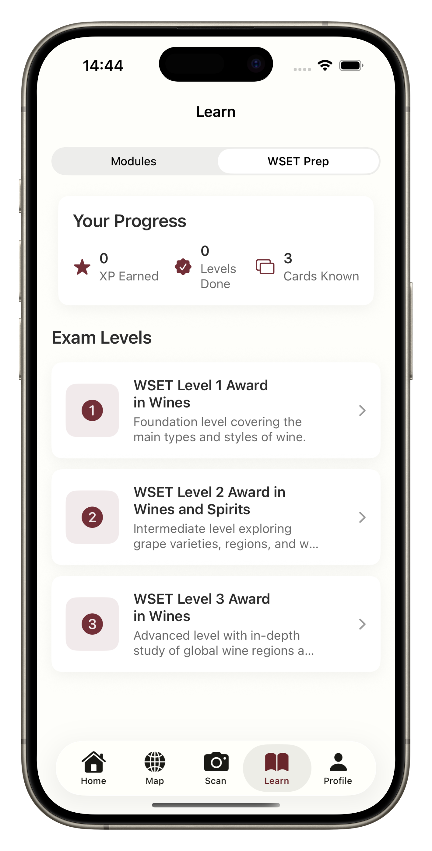 WSET exam prep hub with flashcards, quizzes, and mock exams