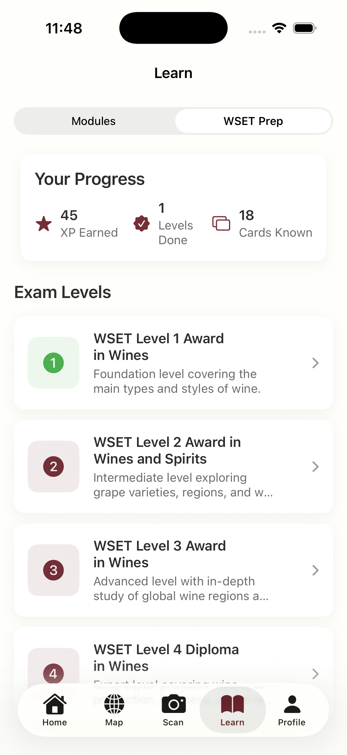 WSET exam prep hub with flashcards, quizzes, and mock exams